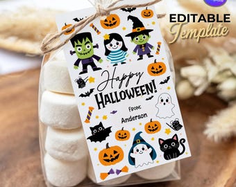 Happy Halloween Gift Tags: Trick or Treat Ghost Theme (Printable Favor Tags, Editable Canva Template, Personalized, Digital Download)