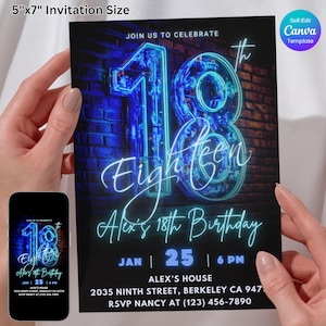 Neon 18. Geburtstagseinladung, Blau Grün Neon Glow Party Geburtstagseinladung, digitaler Download, Selbstbearbeitung Canva Vorlage, Neon Teenager lädt ein