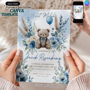 Brit Milah Invitation, Blue Boho Floral Teddy Bear, baby naming invite, Cradle invitation, Canva, baby, jewish baby naming, its a boy invite