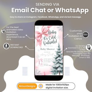 K&ouml;nnte beinhalten: Ein Smartphone zeigt eine Babyparty-Einladung mit einer rosa Schleife, dem Text "Baby it's Cold Outside!" und einer Weihnachtsbaumgrafik. Die Einladung ist f&uuml;r den digitalen Versand per E-Mail, Chat oder WhatsApp konzipiert. Das Design ist f&uuml;r eine digitale Einladungsgr&ouml;&szlig;e von 1080x1920px.