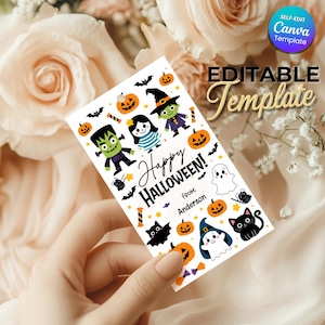 May include: A rectangular white gift tag featuring colorful Halloween illustrations including a green monster, a witch, a black cat, ghosts, bats, and pumpkins. The text reads Happy HALLOWEEN! and FROM: Anderson in black script and print.