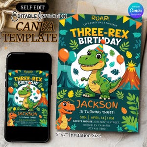 Bearbeitbar Drei Rex Dinosaurier-Geburtstagseinladung, Dinosaurier-Geburtstag einladen, Dino Party Digital einladen, 3.Geburtstagskarte für Kinder Jungen Mädchen