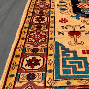 Handmade Wool Geometric Rug 3x4: Beige & Blue Afghan Rug