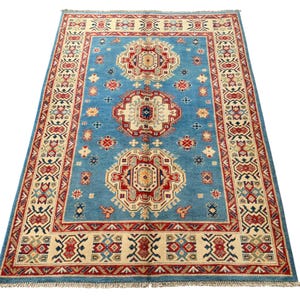 Handmade Blue Kazak Rug 4x6: Afghan Wool Geometric Carpet