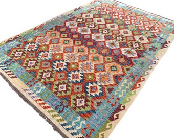 Handwoven Afghan Kilim Rug 7x10: Colorful Wool Tribal Boho Carpet