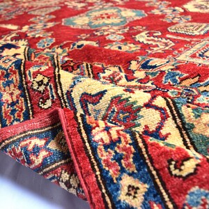 Hand-Knotted 6'9 x 9'10 Red Kazak Area Rug – Afghan Traditional Wool Rug with Geometric Patterns, Large Oriental Floor Rug, Living Room  Rug