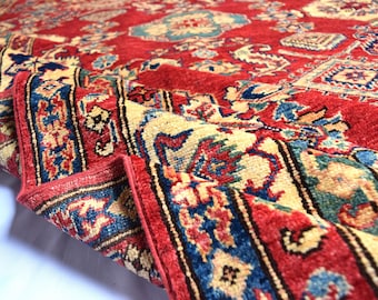 Hand-Knotted Afghan Kazak Rug: 6'9 x 9'10 Red Wool Geometric Rug