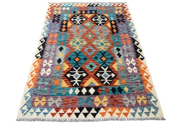 Handwoven Afghan Kilim Rug 4x6: Colorful Geometric Wool Carpet