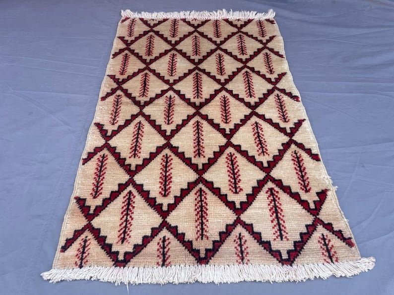 3x4 Ft. Cream Moroccan Rug, Vintage Hand Knotted Wool Area Rug, Red ...