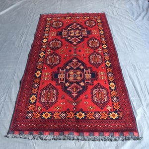 Handmade Afghan Bukhara Rug – 1980s Turkmen Red Area Rug, 3&#39;4x6&#39;7 Ft Vintage Style Rug, Wool Oriental Rug, Bold Patterned Afghan Decor