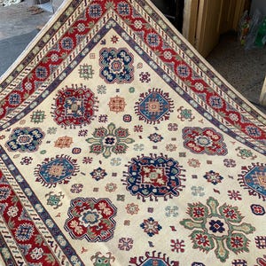 7x10 Beige Afghan Kazak Rug: Hand-Knotted Wool Oriental Rug