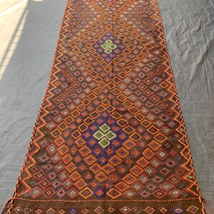 Vintage Afghan Kilim Runner Rug: 4x12 Geometric Flatweave, Handwoven Wool