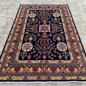 Handmade Turkish Boho Rug 6x9, Navy Blue Vintage Wool Area Rug, Soft Pile Oriental Rug, Traditional Living Room Bedroom Décor, 6x9 Woven Rug