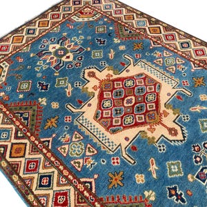 4x6 Blue Afghan Kazak Rug | Hand Knotted Wool Area Rug | Geometric Tribal Design | Oriental Handmade Carpet | Living Room Accent Rug