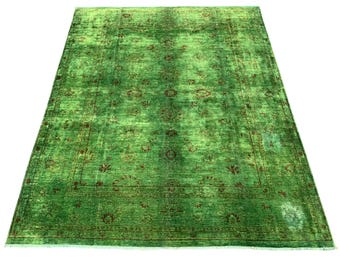 Handmade 8x10 Green Overdyed Wool Rug – Vintage Turkish Oriental Carpet