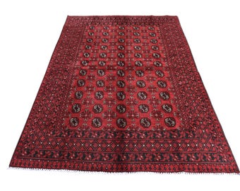 Hand Knotted Afghan Wool Rug – Red Mowri Gul, Tribal Decor (5.2 x 7.10 ft)