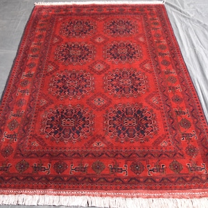 Elegant Turkmen Patmus Rug - 4x6 Handwoven Afghan Aesthetic, Tribal Geometric Woolen Red Design, Perfect for Living Room or Bedroom Decor