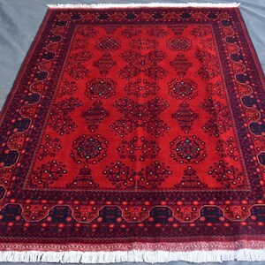 4&#39;11x6&#39;10 ft Afghan Oriental Red Bukhara Rug – Hand Knotted Turkmen Khal Muhammadi Rug, Traditional Wool Afghan Area Rug, Unique Boho Decor