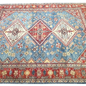 Handmade 8x10 Blue Kazak Rug - Authentic Afghan Wool Carpet - Geometric Oriental Tribal Area Rug - Vintage Hand-Knotted Large Afghan Rug