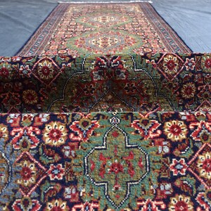 Handwoven Afghan Style Wool Runner Rug -Traditional Medallion Design with Floral Motif - Turkmen Hallway Carpet - 9ft Long Handmade Area Rug