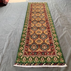 Hand Knotted Afghan Runner Rug: Vintage Wool Floral Hallway Carpet