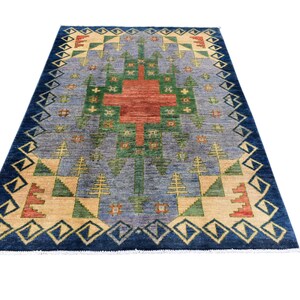 Handwoven Turkish Rug 4x6 - Vintage Gray & Blue Wool Area Rug, Geometric Tribal Carpet, Boho Home Decor, Soft Oriental Handmade Floor Rug