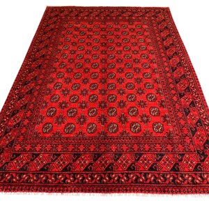 Hand Knotted Afghan Bokhara Rug: 6.5x9.7 ft. Red Wool Oriental Carpet