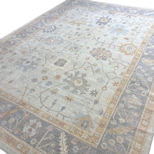 Hand Knotted Oushak Wool Rug 9x12: Beige Turkish Floral Carpet