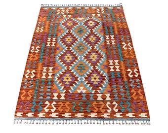 Handwoven Afghan Kilim Rug, Geometric Wool Flatweave 4x6