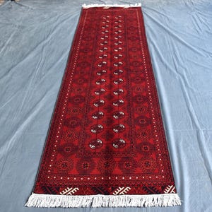 2&#39;9x9&#39;6 Handmade Mowri Gul Wool Runner Rug | Oriental Afghan Carpet | Turkmen Tribal Hallway Rug | Bohemian Home Decor | Wool Area Runner