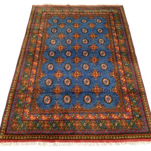 Hand-Knotted Afghan Bokhara Rug 4x6: Blue & Red Wool Geometric Carpet