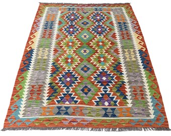 Geometric Afghan Kilim Rug 5x7: Handwoven Wool, Boho Tribal Decor