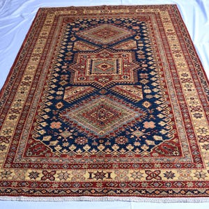 Handmade Blue Kazak Rug - Authentic Afghan Carpet - Tribal Design - Wool Area Rug - Perfect for Living Room, Bedroom, or Hallway Decor