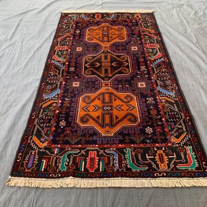 4x7 Baluch Wool Rug: Handmade Afghan Area Rug, Geometric Design