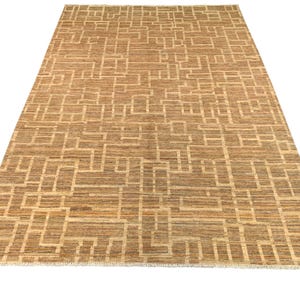 Hand Knotted Afghan Wool Rug 6x9: Beige Brown Geometric Gabbeh