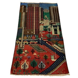 Vintage Baluch Wool Rug: 1960s Afghan City Print, 2&#39;9x4&#39;7 Ft