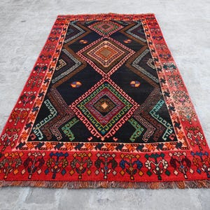 Afghan Vintage Rug - Geometric Design Rug - Turkish Antique Rug - Hand Knotted Carpet - 1920s Distressed Rug - Oriental Rug, 3&#39;5 x 6&#39;5Ft