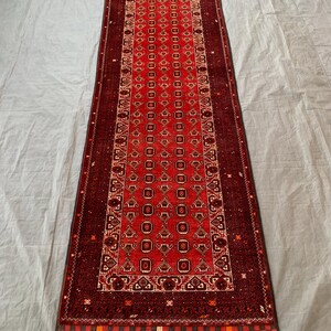 Vintage Waziri Runner Rug: 3x10 ft, Handmade Afghan Wool, Red Oriental Hallway Decor