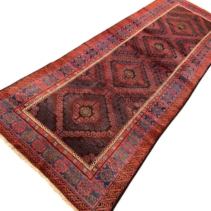 Vintage Afghan Runner Rug: 4x10 Wool Carpet, Geometric Tribal Design