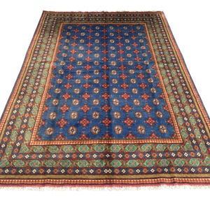 Hand Knotted Afghan Wool Rug 7x10: Vintage Oriental Blue Carpet