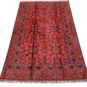 Hand Knotted Afghan Bukhara Rug: 4x6 Red Wool Oriental Carpet
