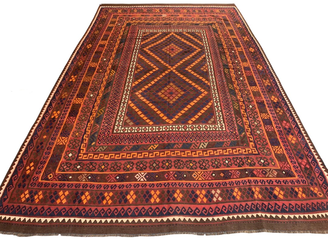 Large Afghan Kilim Wool Rug: 10x16 Ft, Geometric Tribal Boho Decor - Etsy