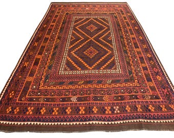 Large Afghan Kilim Wool Rug: 10x16 ft, Geometric Tribal Boho Decor