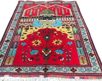 Red Handmade Wool Prayer Rug – Islamic Afghan Carpet, 3x5 Ft