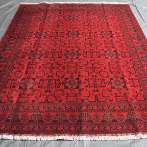 Hand Knotted Afghan Bukhara Rug: Red Wool Geometric Area Rug (5&#39;10 x 7&#39;10)