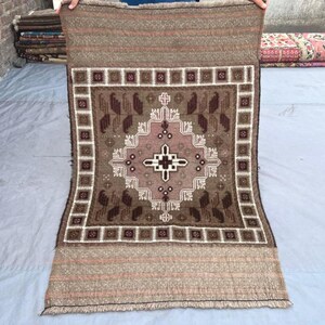 3x5 ft. Berjesta Wool Kilim Rug Afghan Hand Woven 1930s Vintage Carpet, Brown Pink Medallion, Bedroom Entryway Accent Carpet, New Home Gifts