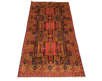 Vintage Afghan Baluch Rug – Tribal Geometric Design, Deep Red