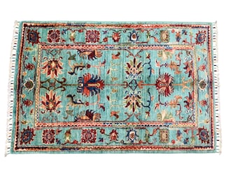 Handmade Turquoise Afghan Rug | Wool Tribal Accent Carpet (3x4)