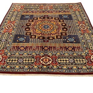 8x8 Square Afghan Mamluk Rug, Hand Knotted Wool Area Rug, Vintage One of a Kind Floral Medallion Carpet/Vibrant Natural Dyes Living Room Rug