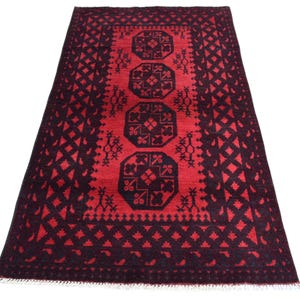 Afghan Bokhara Rug Hand Knotted Wool Area Rug | Turkmen Tribal Carpet | Red Oriental Rug for Living Room Bedroom | Soft Wool Afghan Rug